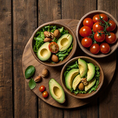 fresh vegetables avocado salad on a wooden table, Ai generative 
