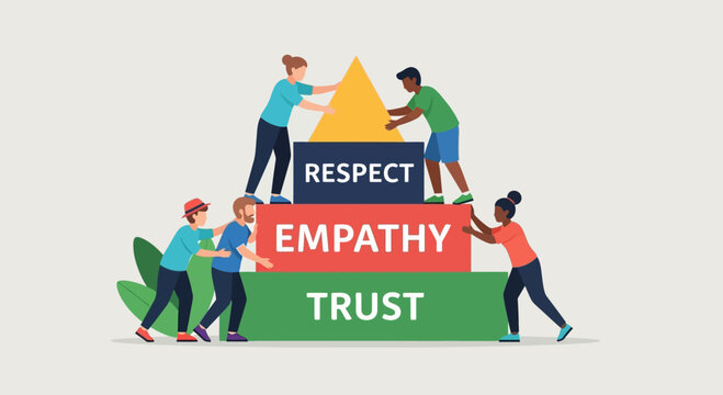 Collaborative Team Building Foundational Pyramid of Trust, Empathy, and Respect with Symbolic Yellow Apex Triangle in Vector Illustration