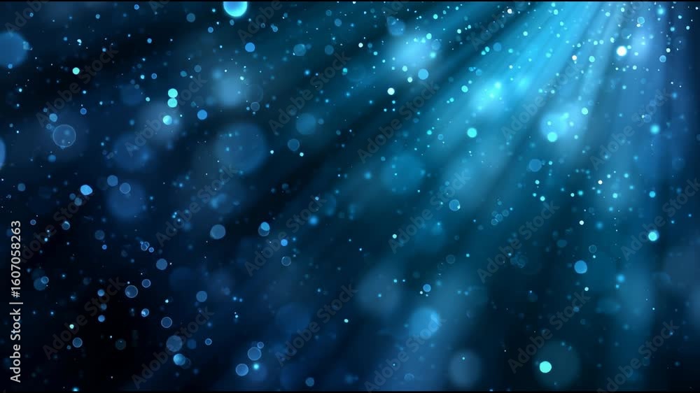 Poster blue abstract background with light rays and glowing bokeh, floating particles, dreamy soft focus, d