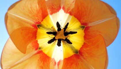 Vibrant tulip blossom glowing with beauty against blue sky, perfect for springtime greetings or nature designs