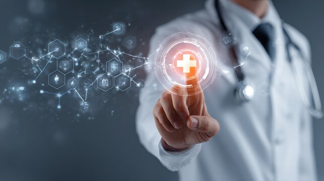 A doctor using a holographic interface to enhance medical technology and improve patient care.