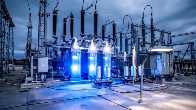 Industrial power substation at twilight, highlighted by blue light