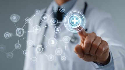A healthcare professional interacts with digital health icons, representing modern technology in medicine.
