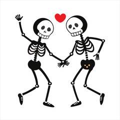 Happy skeletons dancing together, holding hands with a red heart above them, on a white background