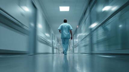 A healthcare professional walks through a hospital corridor, symbolizing dedication and commitment to patient care.