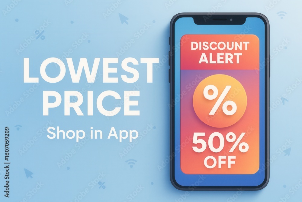 Poster mobile phone displaying a discount alert with 