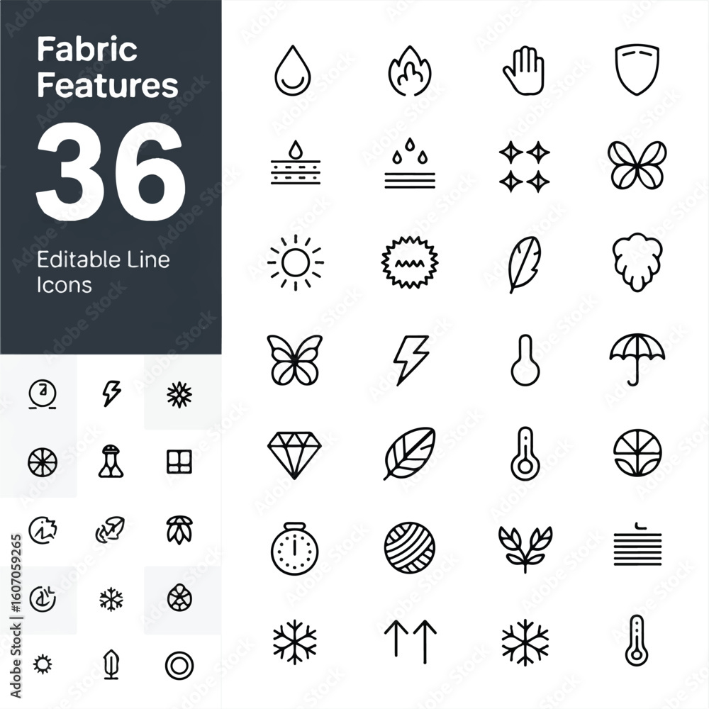 Poster a collection of 36 minimalist line art icons arranged in a 6x6 grid layout on a white background.