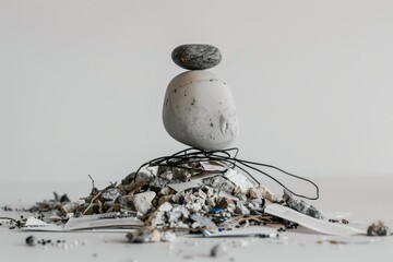Smooth, balanced stones stacked atop a pile of paper, cables, and electronic waste. Represents the contrast between nature and human impact, sustainability, and mindful balance amidst clutter.