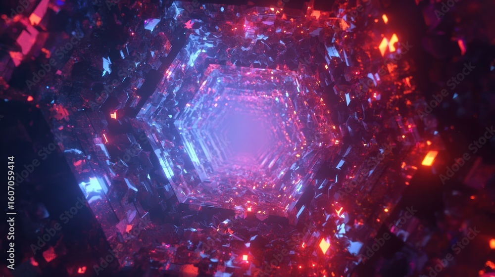 Poster a mesmerizing view of a tunnel made of interconnected glowing crystals in surreal colors.