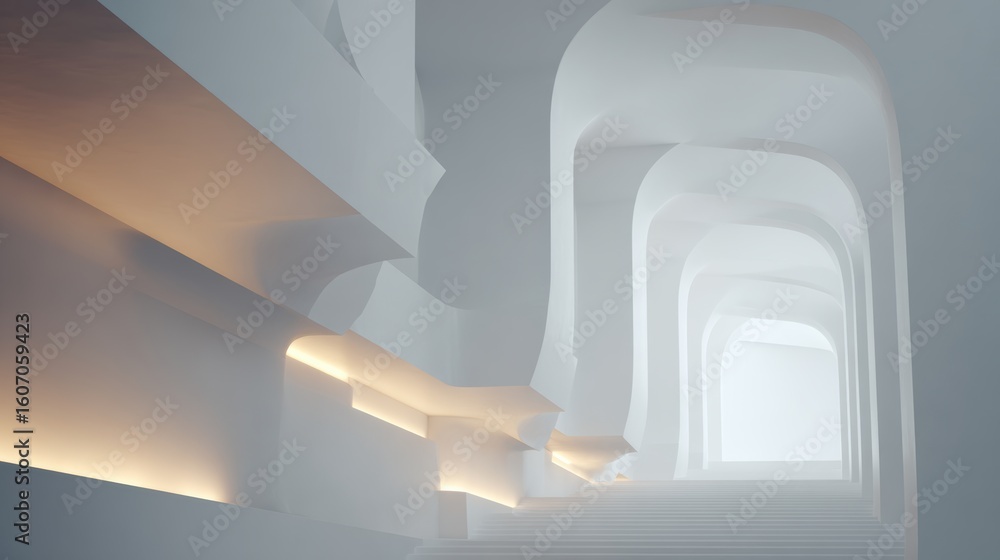 Poster a minimalist architectural space showcasing elegant curves and soft lighting, creating a serene ambi