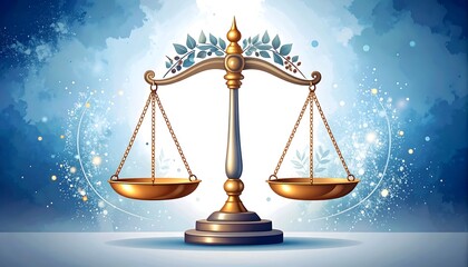 Justice scales on a blue background with light effects
