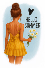 Summer Girl in Yellow Dress Holding Daisies with "Hello Summer" Text, Back View, Watercolor Illustration