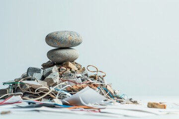 Smooth, balanced stones stacked atop a pile of paper, cables, and electronic waste. Represents the contrast between nature and human impact, sustainability, and mindful balance amidst clutter.