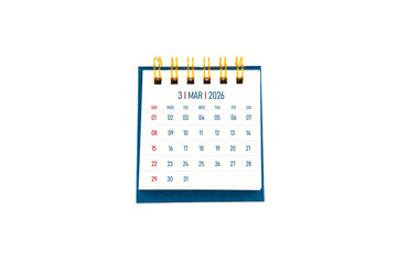 March 2026 blank desk calendar stand on white color background.