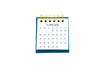 April 2026 blank desk calendar stand on white color background.