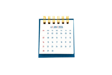 June 2026 blank desk calendar stand on white color background.