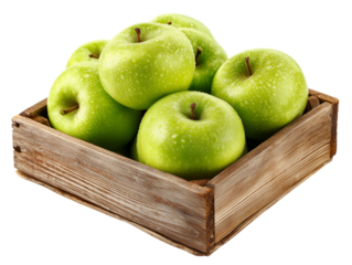A vibrant array of fresh, green apples is carefully arranged within a rustic wooden box, symbolizing nature's bounty.