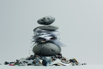 Smooth, balanced stones stacked atop a pile of paper, cables, and electronic waste. Represents the contrast between nature and human impact, sustainability, and mindful balance amidst clutter.