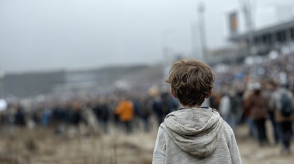 Fototapeta premium Enfant solitaire regardant la foule dans un champ brumeuse