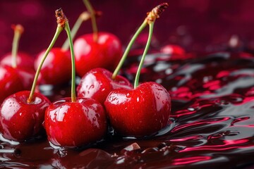 Cherries on glossy chocolate surface