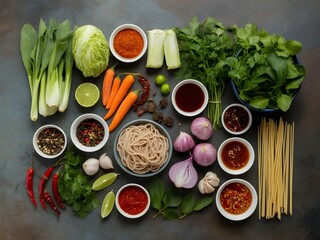 Varied food carbohydrates protein vegetables fruits dairy legumes on wood