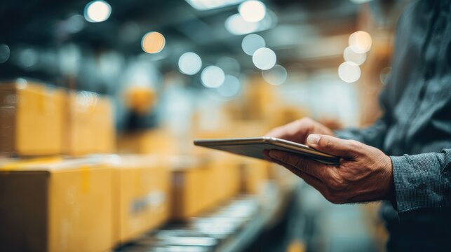 A person holding a tablet in a warehouse filled with boxes, representing modern logistics and inventory management. - Powered by Adobe