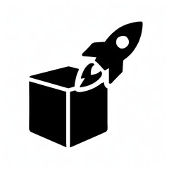 Creative product launch silhouette icon, a vector pictogram sign for startups. This isolated symbol from a graphic set shows a rocket launching out of the box.