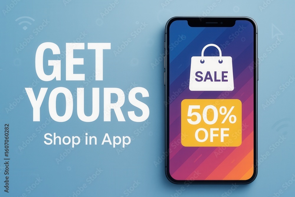 Poster a smartphone displaying a shopping app interface with a 50% off sale icon, set against a blue backgr