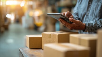 A person using a tablet to manage packages in a warehouse, showcasing modern logistics and productivity.