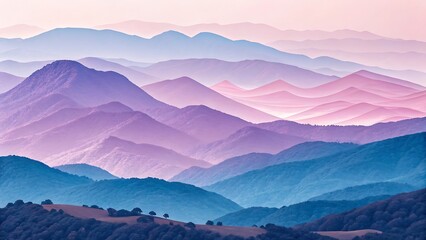 Obraz premium A surreal vista of layered mountain ranges disappearing into a misty pastel sky of pink, purple, and blue hues at dusk.