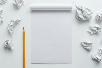 A pristine blank sheet of paper and a pencil, surrounded by crumpled notes. Symbolizes creativity, brainstorming, problem-solving, and the process of trial and error.