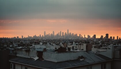 Naklejka premium Urban Panorama at Sunset: A captivating urban panorama unfolds as the setting sun paints the sky with vibrant hues, casting a warm glow over the distant city skyline and rooftops.