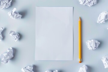 A pristine blank sheet of paper and a pencil, surrounded by crumpled notes. Symbolizes creativity, brainstorming, problem-solving, and the process of trial and error.