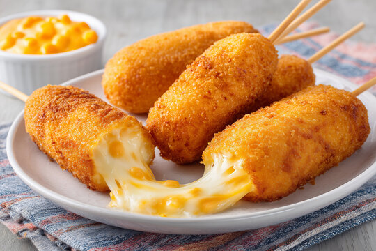 A plate of cheese-filled corn dogs with a side of mustard