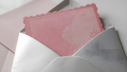 Pink and Ivory Card Peeking Out of a Silver Envelope