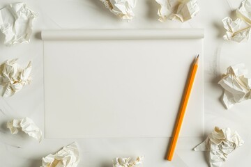 A pristine blank sheet of paper and a pencil, surrounded by crumpled notes. Symbolizes creativity, brainstorming, problem-solving, and the process of trial and error.