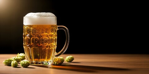 A chilled mug of golden beer resting on rustic wooden barrels, framed by hop cones against a natural landscape. A flexible design template for promoting breweries, beer festivals, and International Be