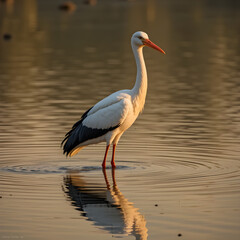 Fototapeta premium A tall white stork wading in a golden-lit pond, its reflection mirrored in the still water, with warm tones and soft ripples 