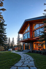 Modern Wooden House with Glass Walls in Forest Setting