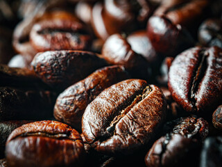 roasted coffee beans close-up, roasted coffee beans background and texture