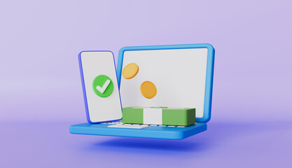 Laptop with banknotes, coins, mobile phone, check mark, online finance management, digital banking