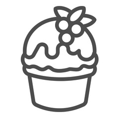 Ice cream with chocolate glaze and berries line icon, desert sweets concept. Vector graphics. Icecream in waffle cup sign on white background, outline style icon for mobile or web design.