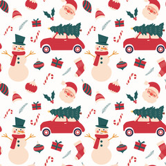 Christmas pattern with Christmas tree, car, ornaments, snowman,cane, gifts on light background.Seamless vector background for textiles, wallpapers and festive decorations.