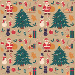 Christmas pattern with Christmas tree, Santa Claus, ornaments, snowman,gingerbread man, gifts on vintage background.Seamless vector background for textiles, wallpapers and festive decorations.
