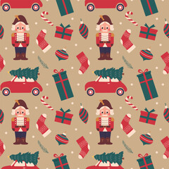 Christmas pattern with candy cane, nutcracker, car with Xmas tree, ornaments, gifts on vintage background.Seamless vector background for textiles, wallpapers and festive decorations.