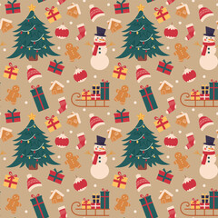 Christmas pattern with Christmas tree, ornaments, snowman,gingerbread man, gifts on vintage background.Seamless vector background for textiles, wallpapers and festive decorations.