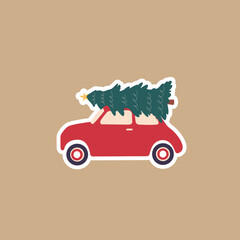 Red vintage Christmas car tree on top of it sticker. Vector illustration cartoon flat style