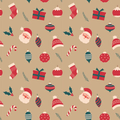 Christmas pattern with candy cane, Santa claus, ornaments, gifts on vintage background.Seamless vector background for textiles, wallpapers and festive decorations.