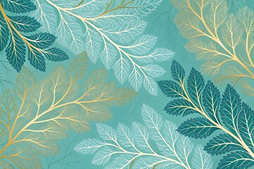 Elegant bio-organic pattern of minimalist leaves in shades of teal and gold. Abstract botanical background with luxurious foliage.