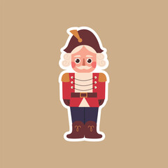 Christmas nutcracker sticker on retro background. Vector illustration cartoon flat style